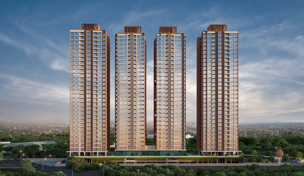 6 Boulevard - 28-storey tower elevation at dusk, Tathawade Pune