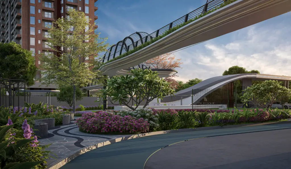 6 Boulevard - landscaped podium walkway below the tower, Tathawade Pune