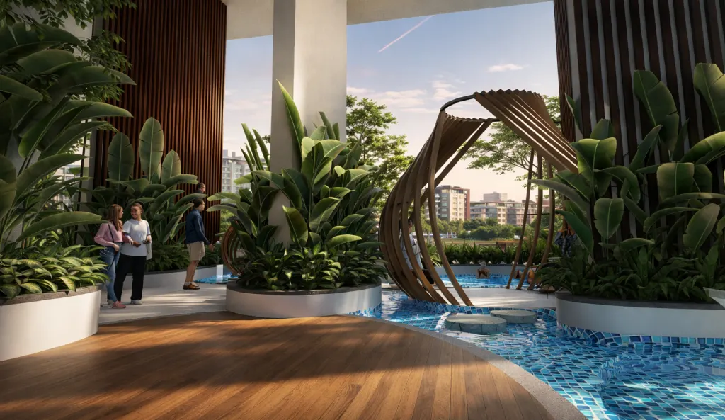6 Boulevard - pool pavilion with shaded arch seating, Tathawade Pune