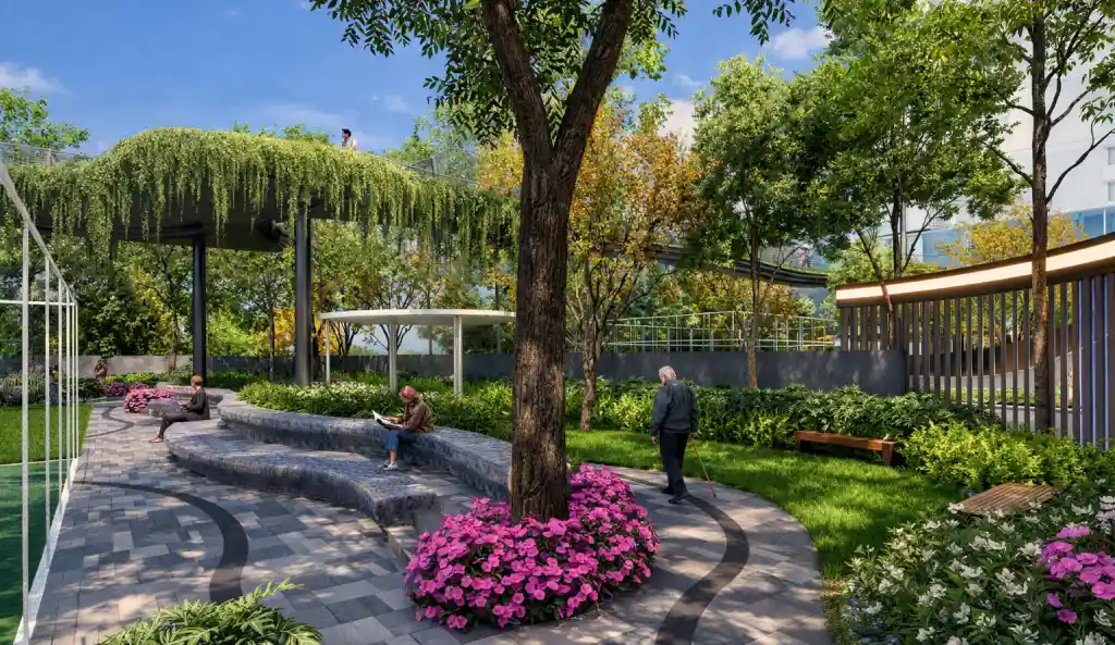 6 Boulevard - landscaped garden path with seasonal planting, Tathawade Pune